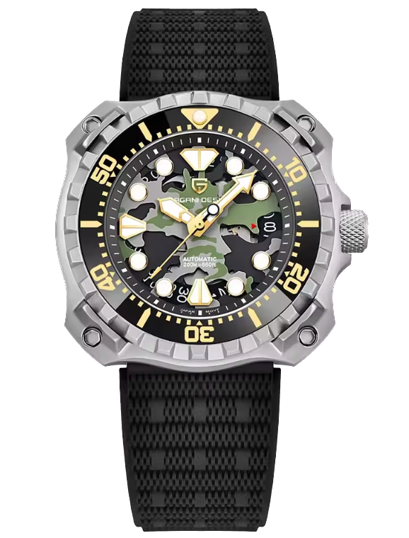 Watch with black strap and camouflage face on a white background