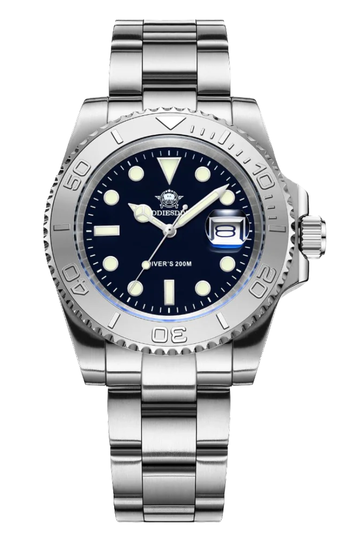 Silver watch with a blue face on a white background