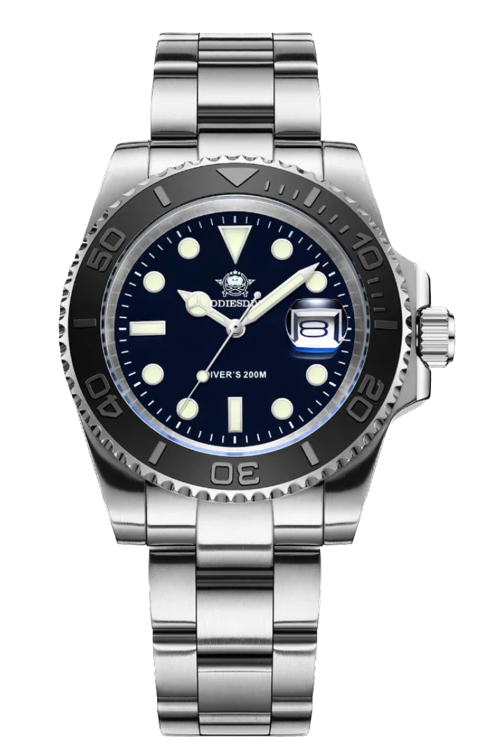 Silver wristwatch with a black dial on a white background