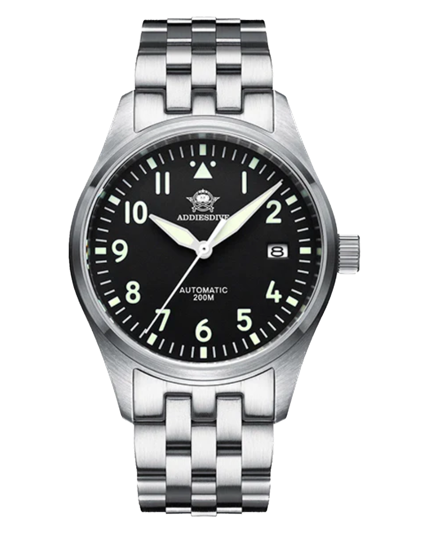 Silver wristwatch with black dial on a white background