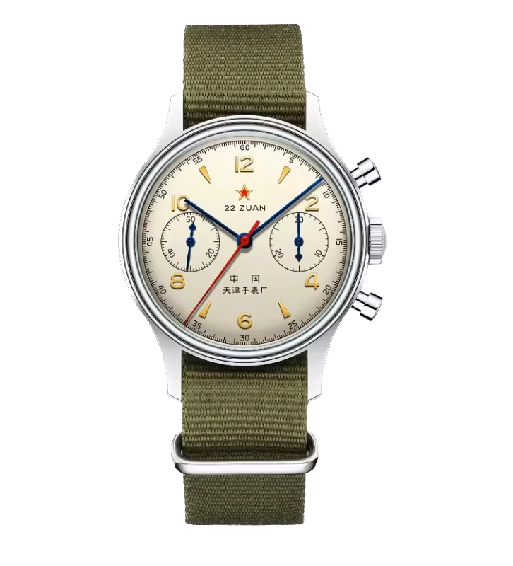 Watch with green strap and beige dial on a white background