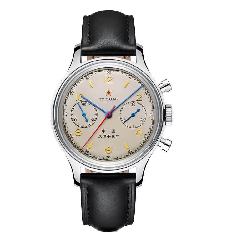 Wristwatch with black leather strap and silver case on a white background