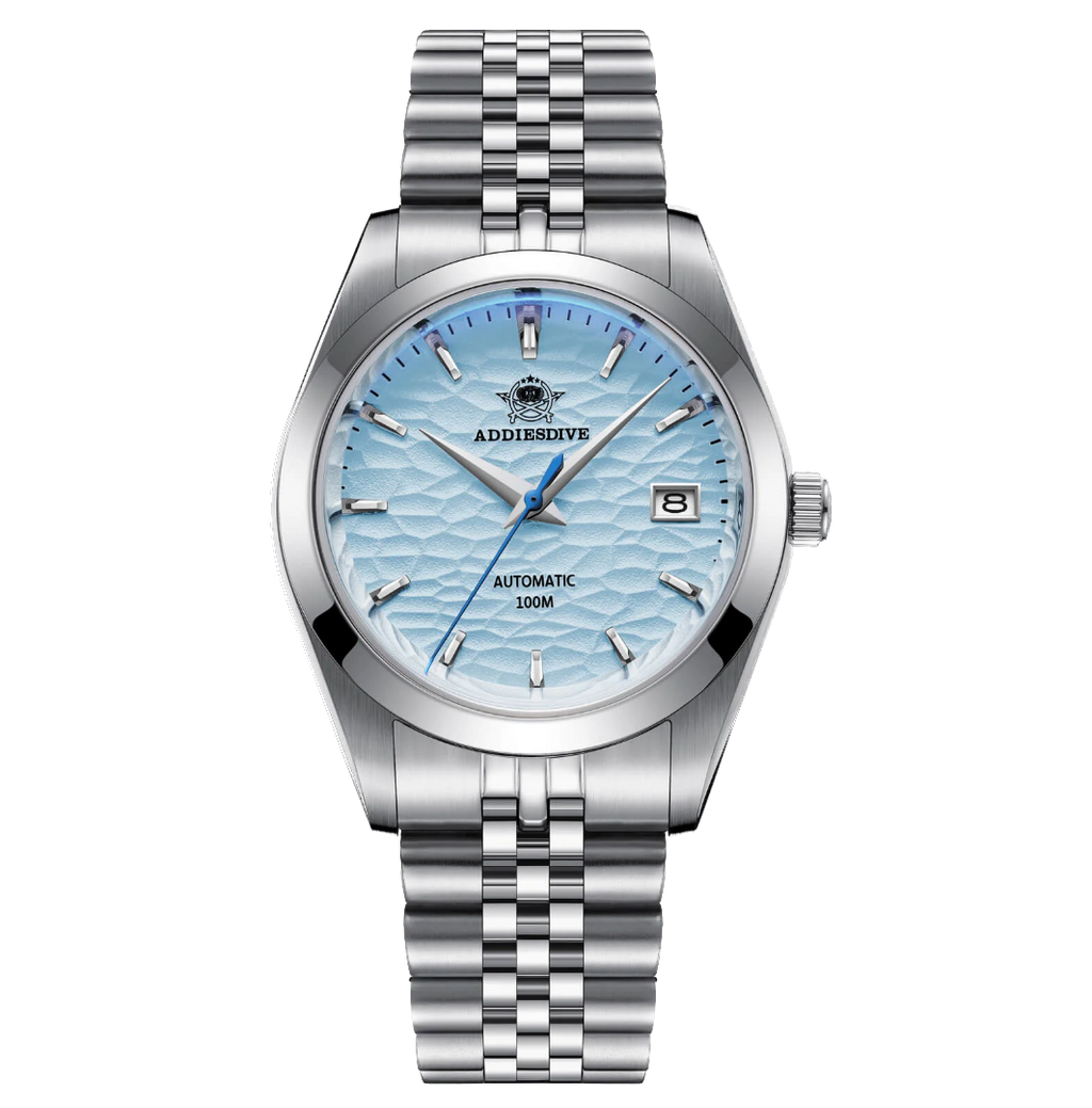 Silver watch with a blue face on a white background