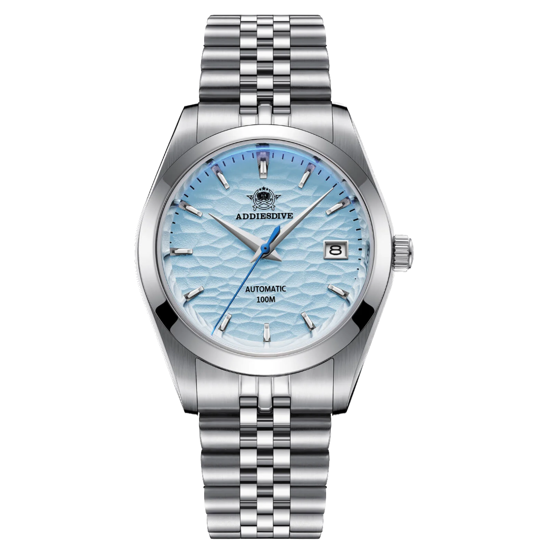 Silver watch with a blue face on a white background