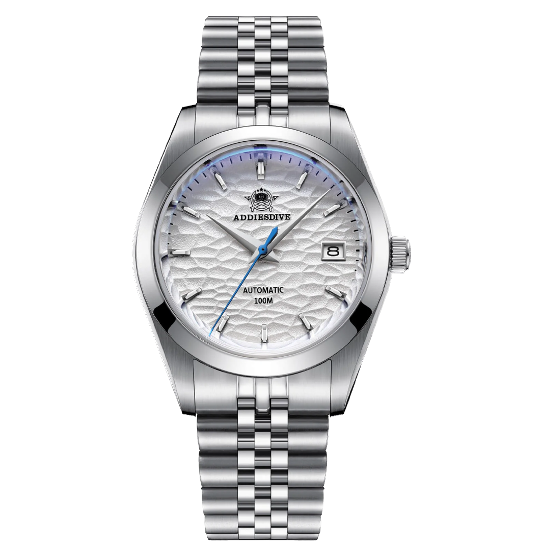Silver wristwatch with a detailed face on a white background