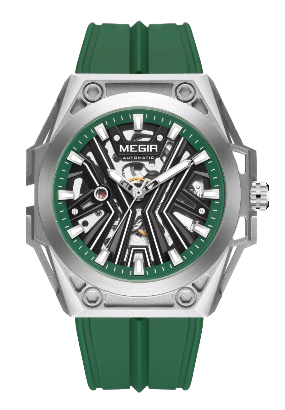 MEGIR Men Automatic Mechanical Watch Skeleton Dial Silicone Strap Waterproof8603