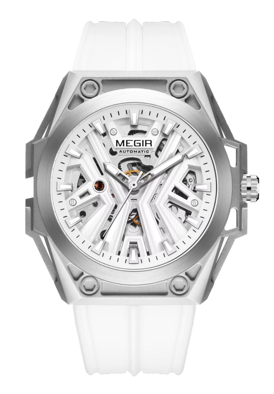 MEGIR Men Automatic Mechanical Watch Skeleton Dial Silicone Strap Waterproof8603