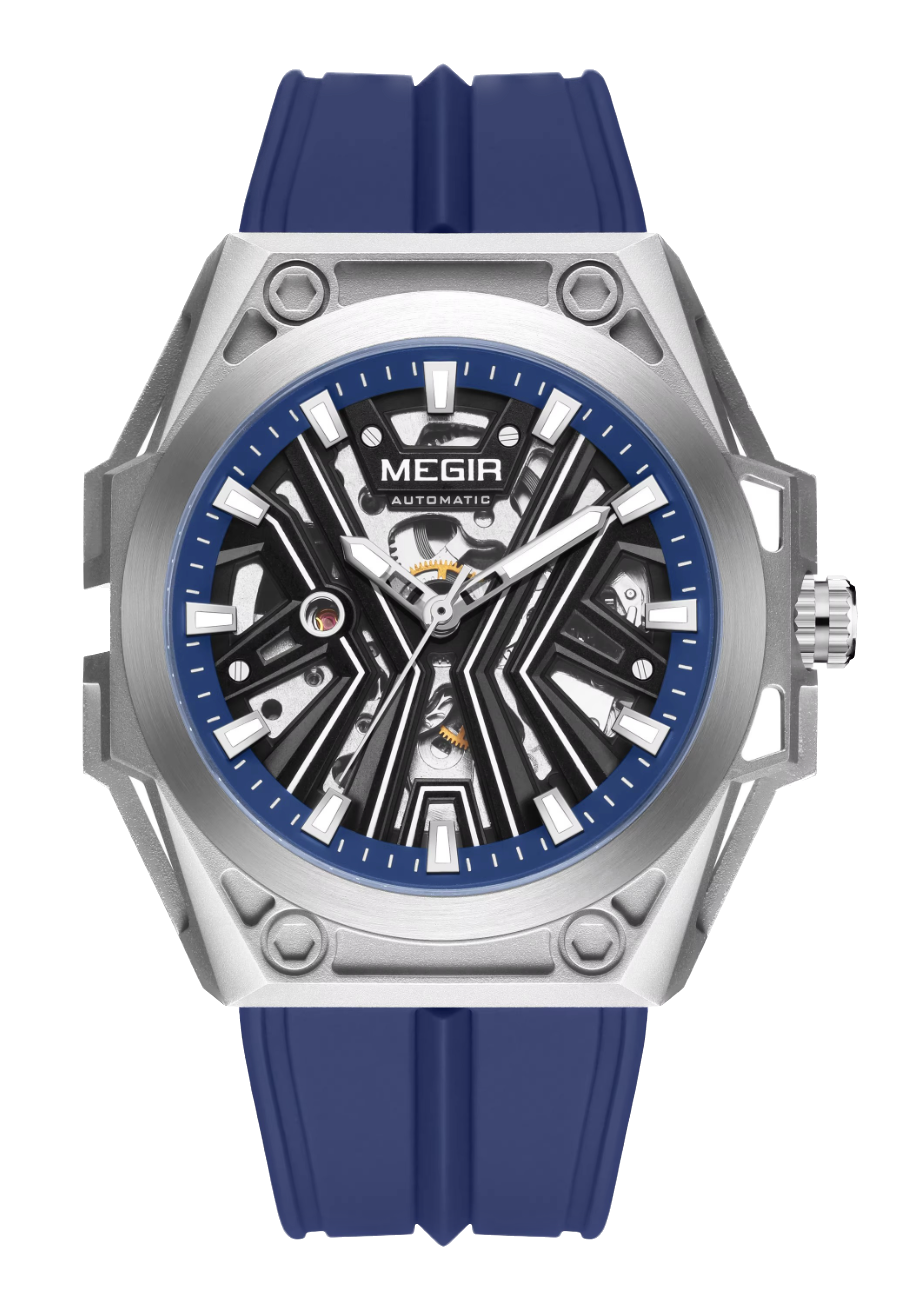 MEGIR Men Automatic Mechanical Watch Skeleton Dial Silicone Strap Waterproof8603