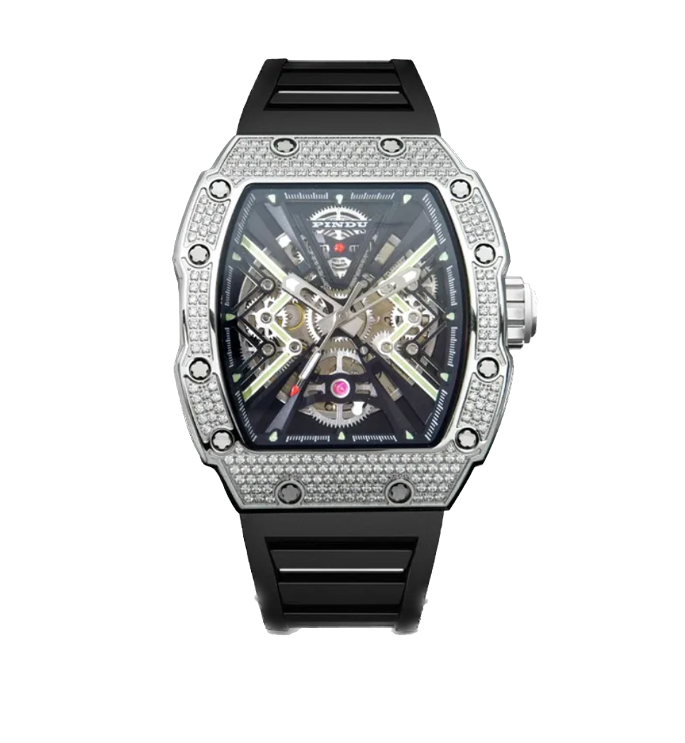 Montre mécanique PINDU pour homme, étanche, en acier inoxydable, verre saphir, style tonneau à vin