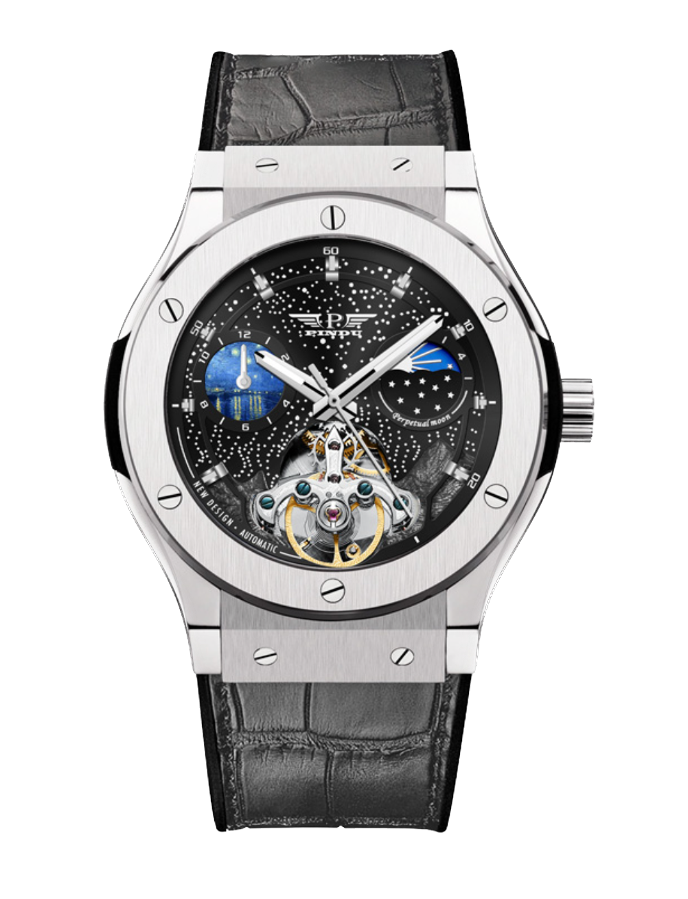 PINDU Design 6537 Men's Automatic Mechanical Moonphase Leather Watch Waterproof