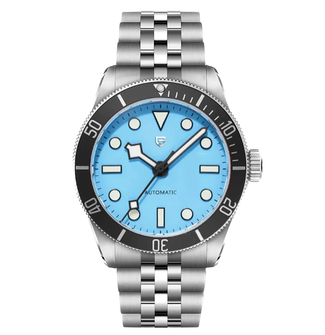 Silver watch with a blue face on a white background