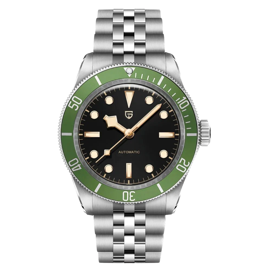 Watch with green bezel, black face, and silver bracelet on a white background