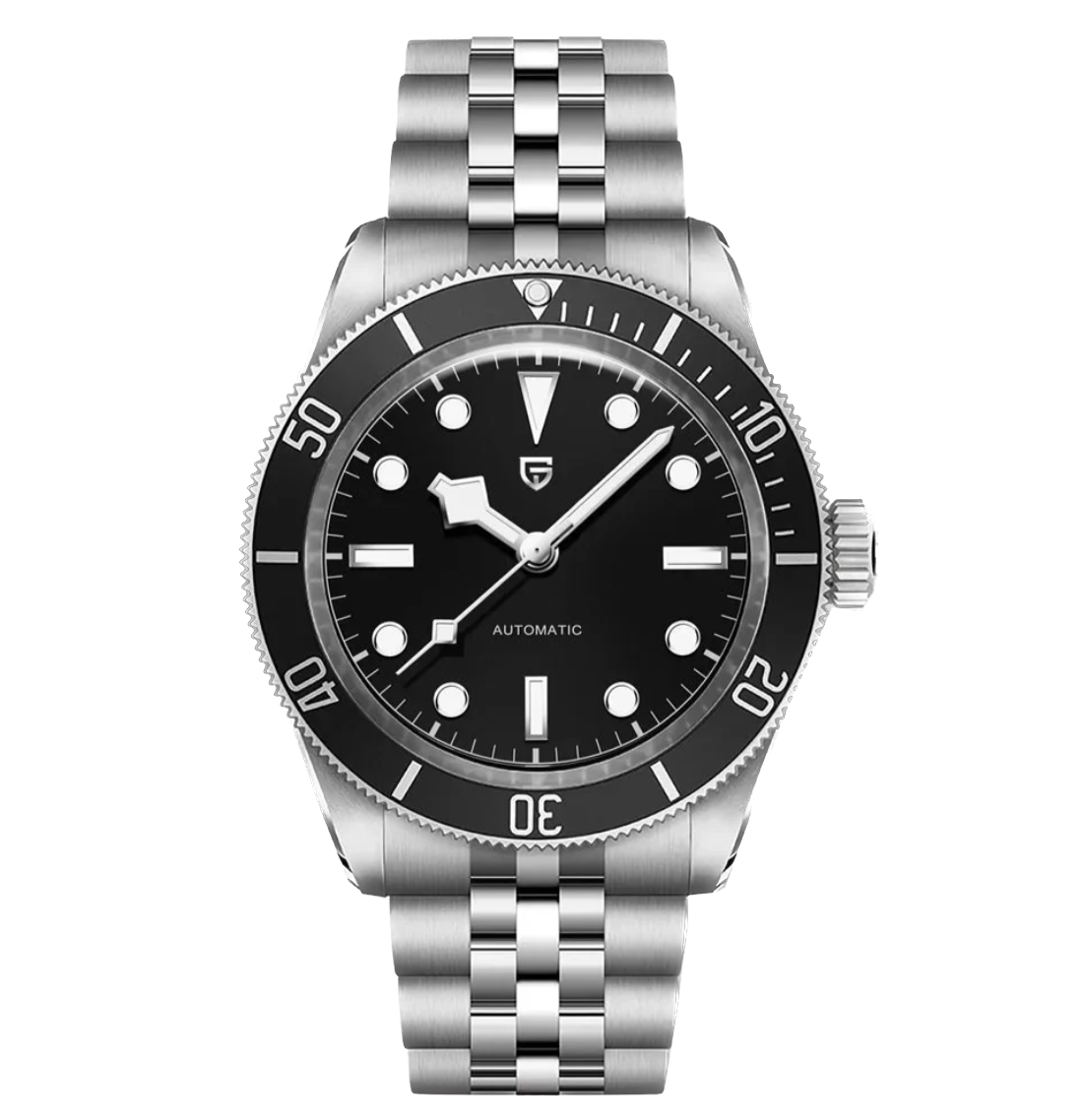 Silver watch with black dial on a white background