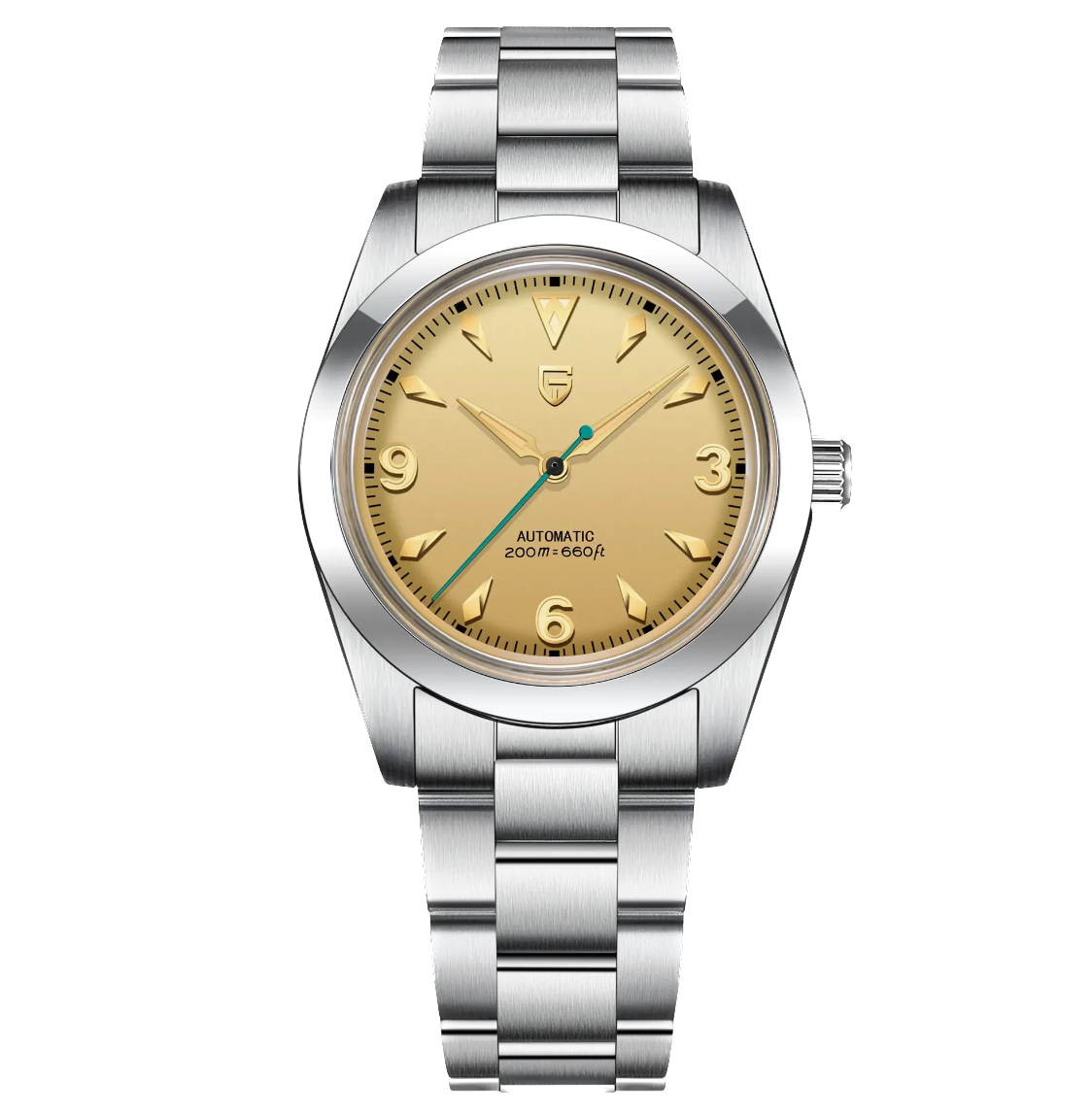 Silver watch with gold face on a white background