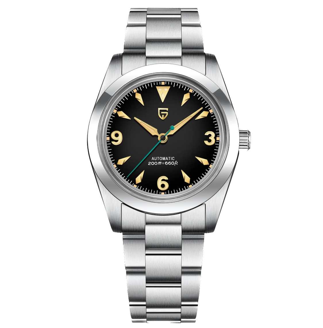 Silver wristwatch with black dial on a white background