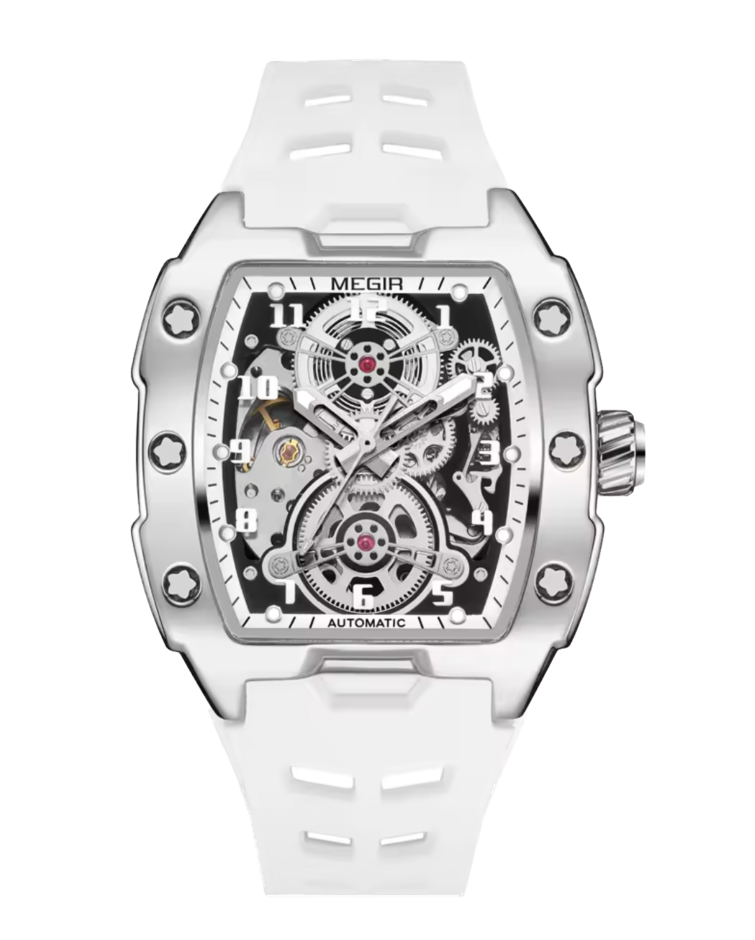 Mechanical watch with white strap and visible brand name on a white background