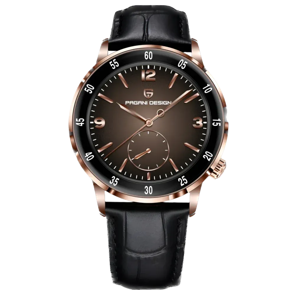 Watch with black leather strap and brown dial on a white background