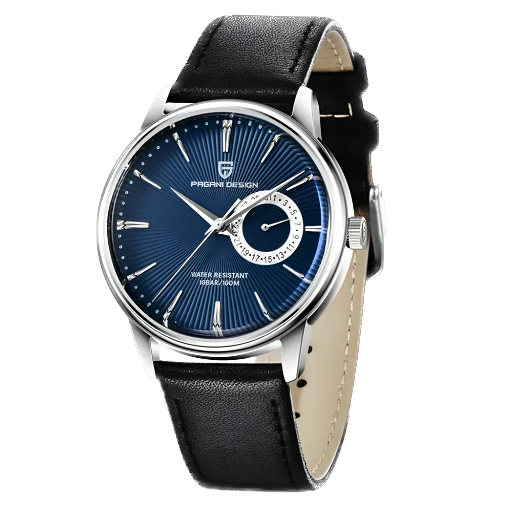 Watch with black leather strap and blue dial on a white background
