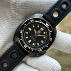 STEELDIVE SD1970X black PVD dive watch on a black perforated rubber dive strap