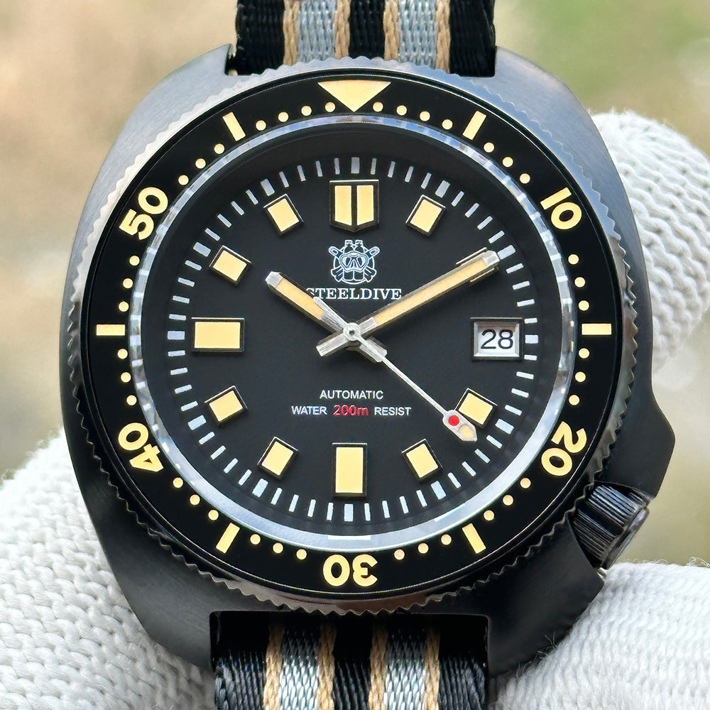 STEELDIVE SD1970X dial close-up with applied markers, date window and 200m depth rating