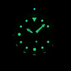 STEELDIVE SD1975B dial glowing green in the dark, showing the lume plots and hands