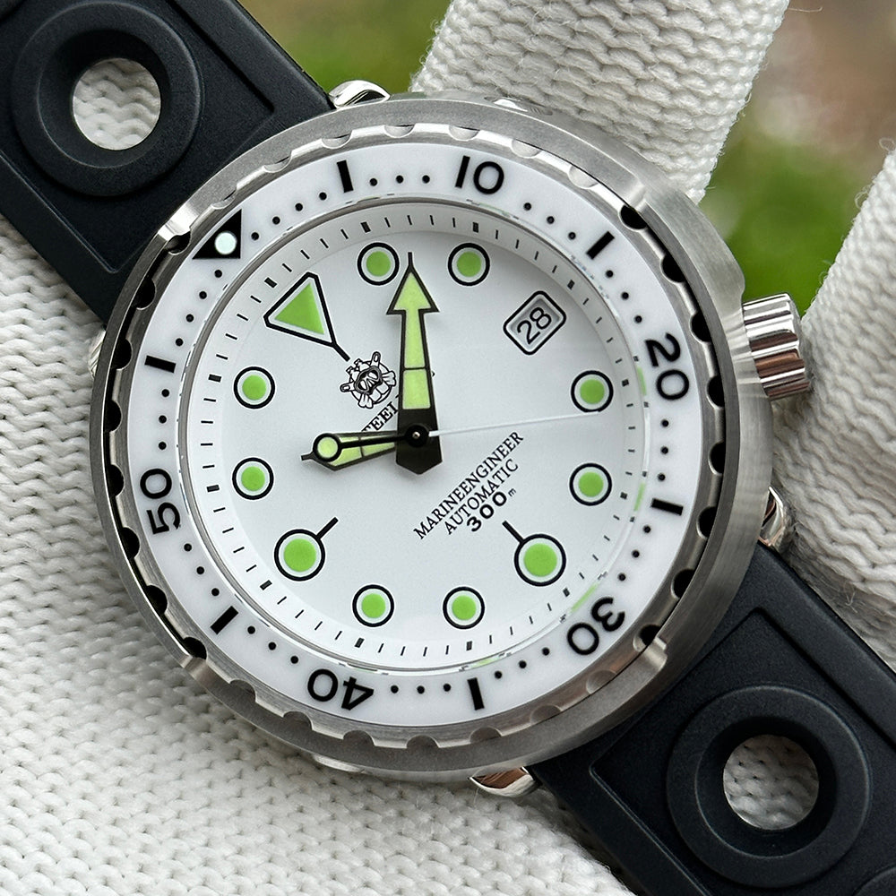 STEELDIVE SD1975B white dial Tuna dive watch on a black perforated rubber strap