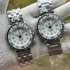 Two STEELDIVE SD1975B watches side by side comparing the three-link and five-link bracelets