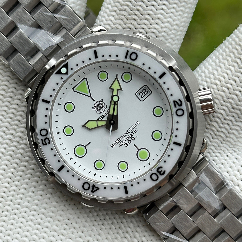 STEELDIVE SD1975B white dial Tuna dive watch on a five-link stainless steel bracelet