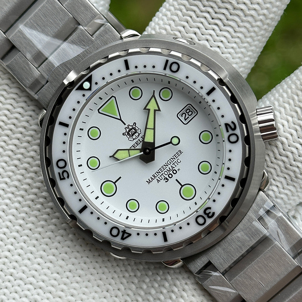 STEELDIVE SD1975B white dial Tuna dive watch on a three-link stainless steel bracelet