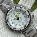 STEELDIVE SD1975B white dial Tuna dive watch on a three-link stainless steel bracelet