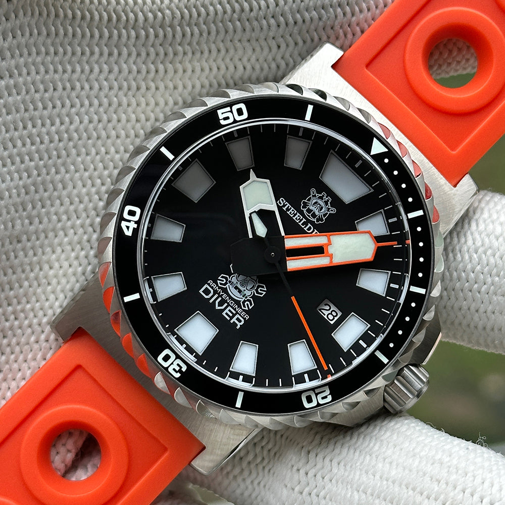 STEELDIVE SD1982F black sandwich dial dive watch on an orange perforated rubber strap
