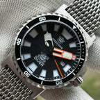 STEELDIVE SD1982F black sandwich dial dive watch on a steel mesh Milanese bracelet