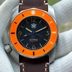STEELDIVE SD2211 dial close-up on a dark brown leather strap