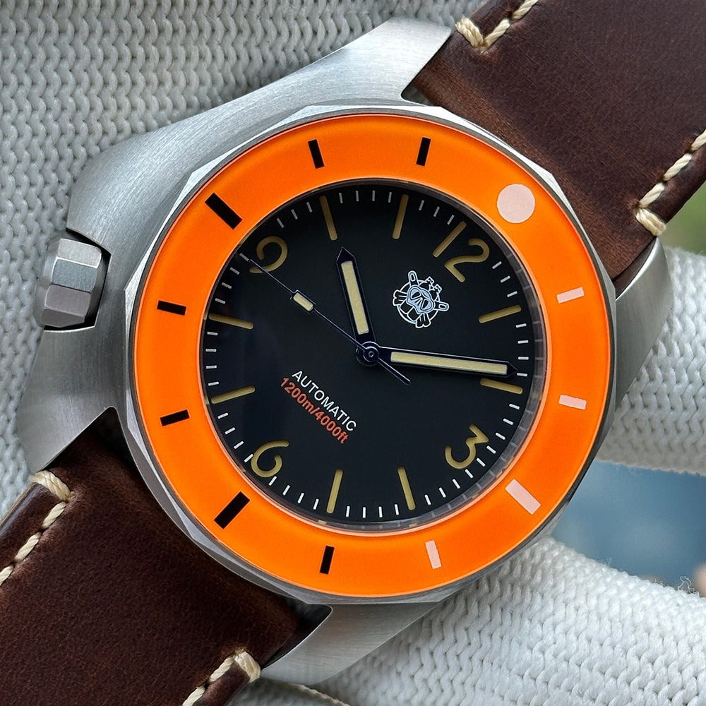 STEELDIVE SD2211 black dial and orange bezel on a dark brown leather strap