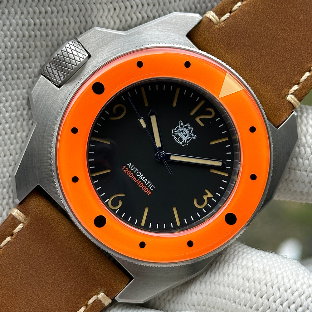 STEELDIVE SD2212 black dial with cream numerals on a light brown leather strap