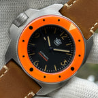 STEELDIVE SD2212 black dial with cream numerals on a light brown leather strap