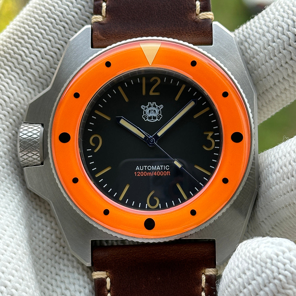 STEELDIVE SD2212 front view on a light brown leather strap