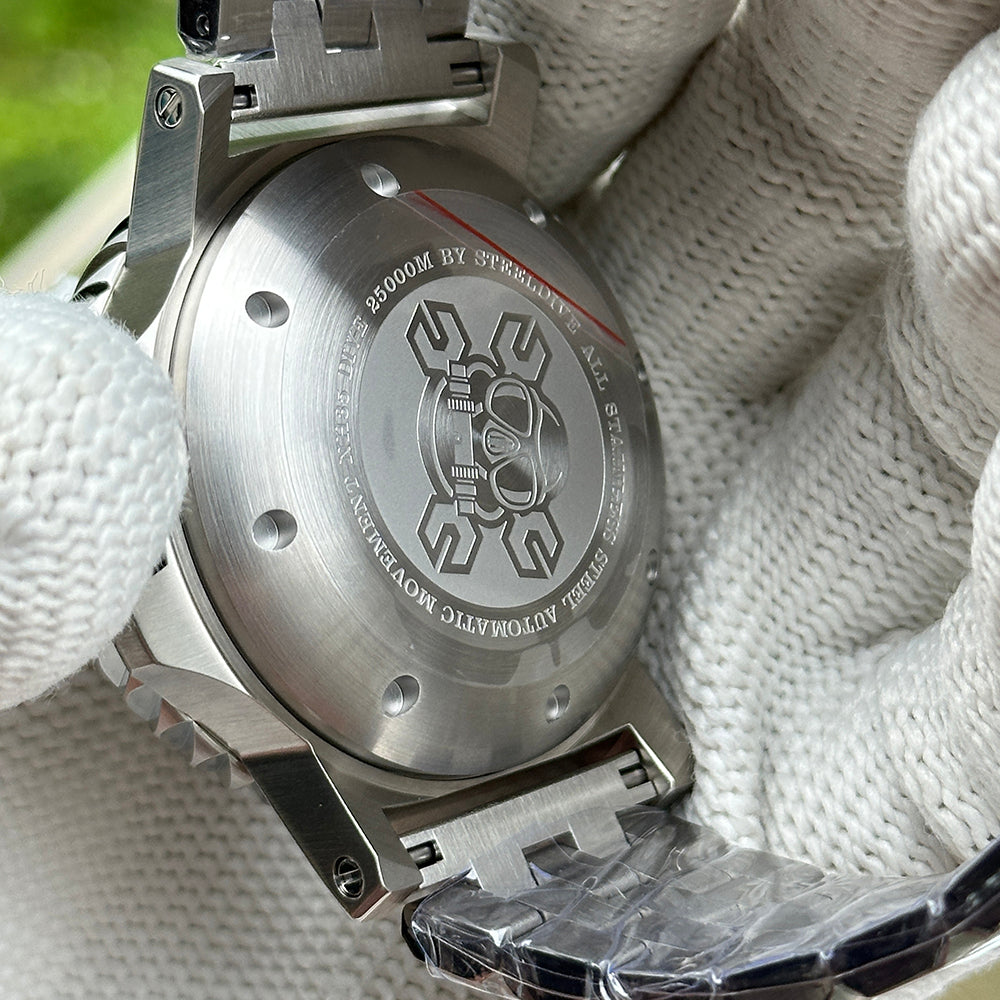 Engraved caseback of the STEELDIVE SD1982F showing the SteelDive diver emblem