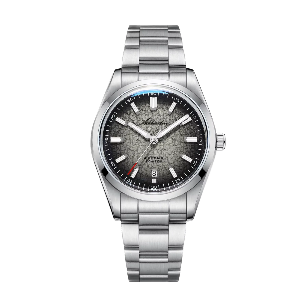 ADDIESDIVE AD2531 Gradient Dial Men’s Automatic Watch with black grey dial, angled view