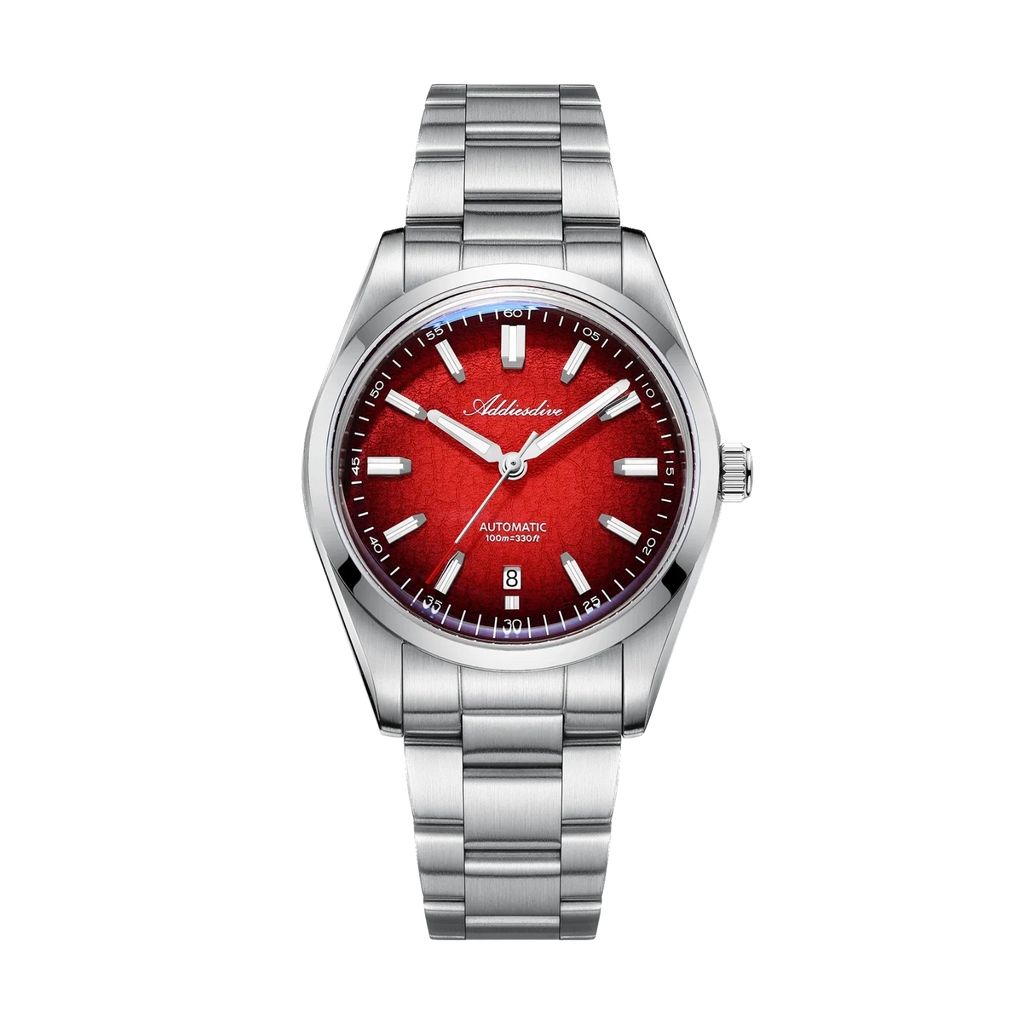 ADDIESDIVE AD2531 Gradient Dial Men’s Automatic Watch with red dial, detail view