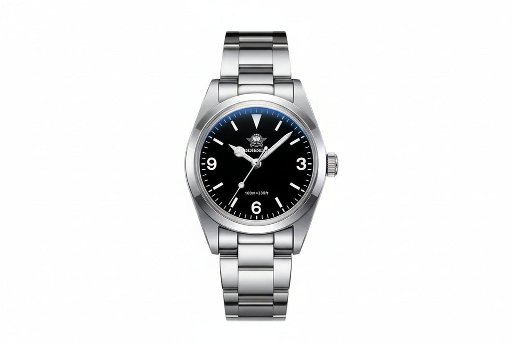 ADDIESDIVE AD2023-1 36MM Deep Sea Hunter Explorer-style with black dial, 3-6-9 Arabic numerals and steel bracelet, front view