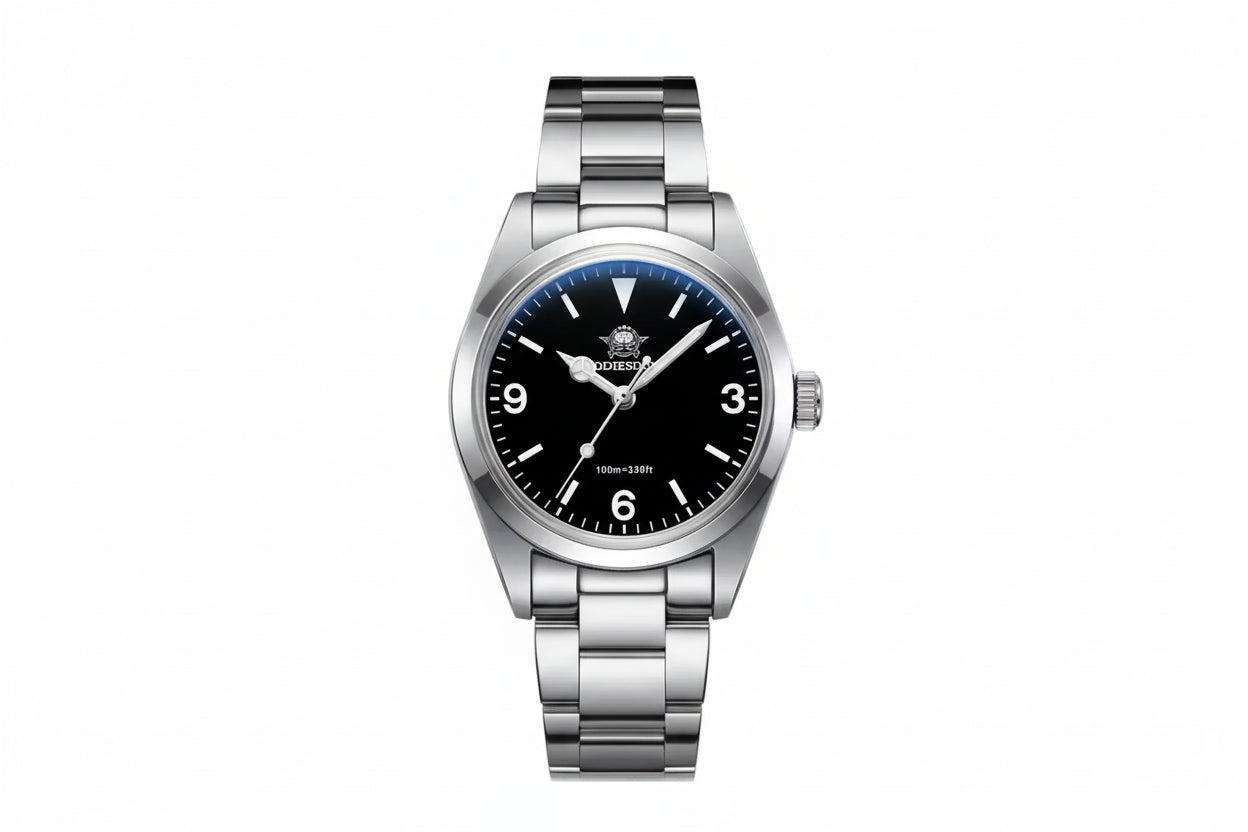 ADDIESDIVE AD2023-1 36MM Deep Sea Hunter Explorer-style with black dial, 3-6-9 Arabic numerals and steel bracelet, front view