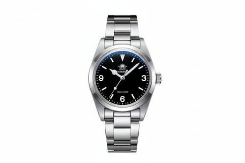 ADDIESDIVE AD2023-1 36MM Deep Sea Hunter Explorer-style with black dial, 3-6-9 Arabic numerals and steel bracelet, front view