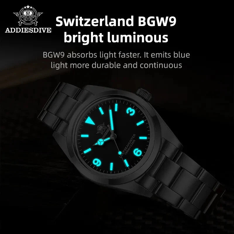 ADDIESDIVE AD2023-1 36MM Deep Sea Hunter Explorer-style showing BGW9 bright blue luminous hands and markers in dark