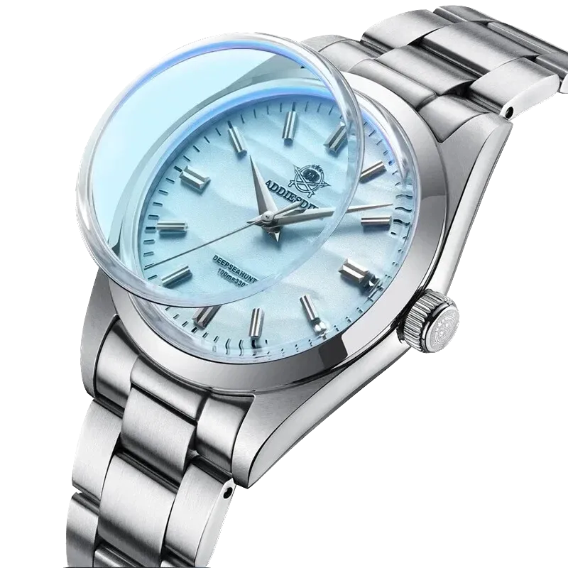 ADDIESDIVE AD2030 36MM Deepseahunter dive watch angled detail showing convex crystal over ice blue dial and steel bracelet