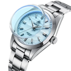 ADDIESDIVE AD2030 36MM Deepseahunter dive watch angled detail showing convex crystal over ice blue dial and steel bracelet