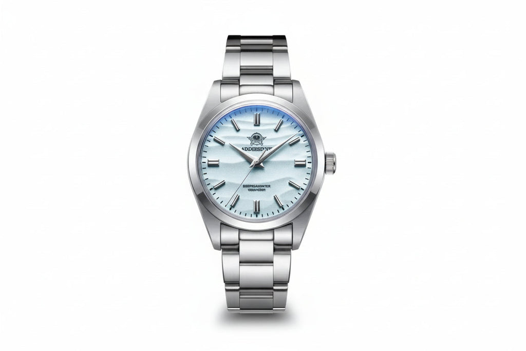 ADDIESDIVE AD2030 36MM Deepseahunter dive watch with ice blue wave-textured dial, silver case and steel oyster bracelet