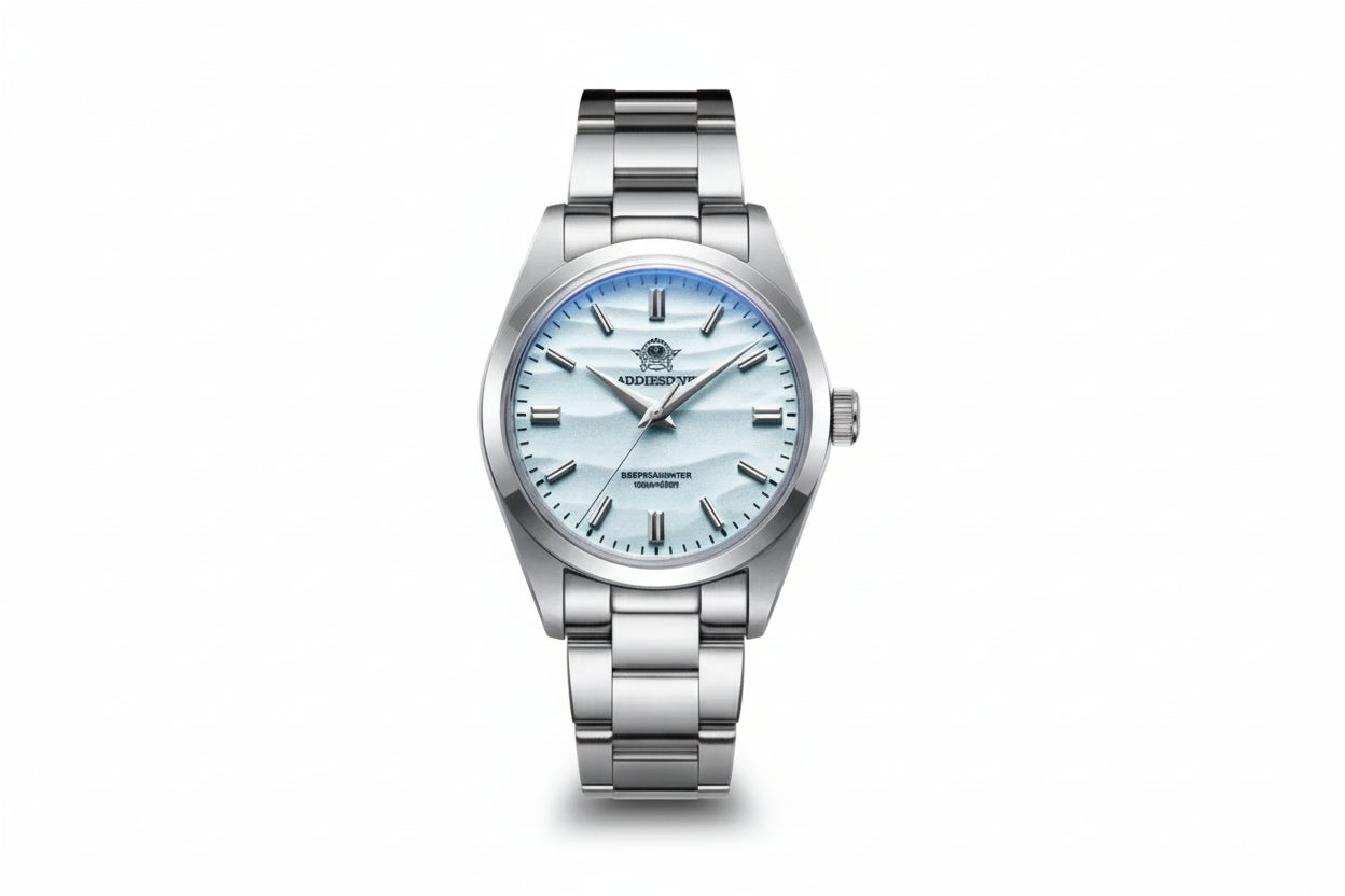 ADDIESDIVE AD2030 36MM Deepseahunter dive watch with ice blue wave-textured dial, silver case and steel oyster bracelet, front view