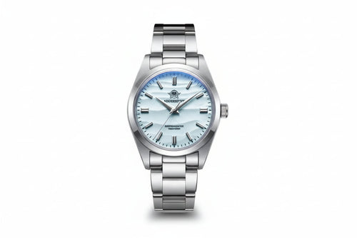 ADDIESDIVE AD2030 36MM Deepseahunter dive watch with ice blue wave-textured dial, silver case and steel oyster bracelet, front view