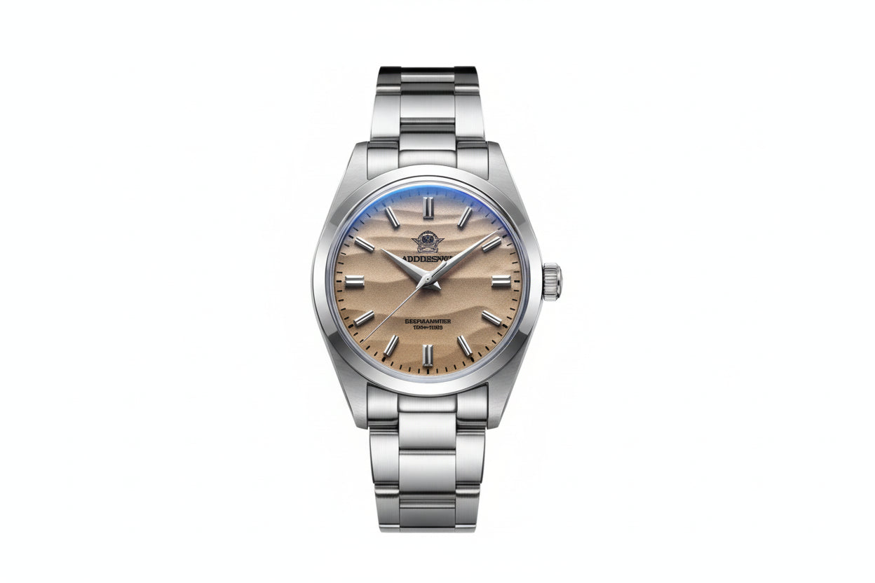 ADDIESDIVE AD2030 36MM Deepseahunter dive watch with sand wave dial and steel bracelet, lifestyle shot with desert dune background